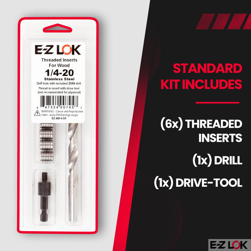 E-Z LOK 400-4-CR Thread Installation Kit for Hard Wood Stainless Steel Threaded Inserts 1/4-20 (6), Drill, Installation Tool