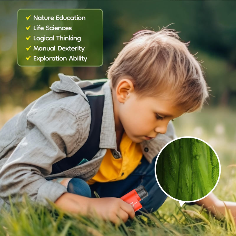 QUNSE pocket microscope 60x-120x with LED light, aspherical hand microscope, children students educational gifts for nature observation insects outdoors