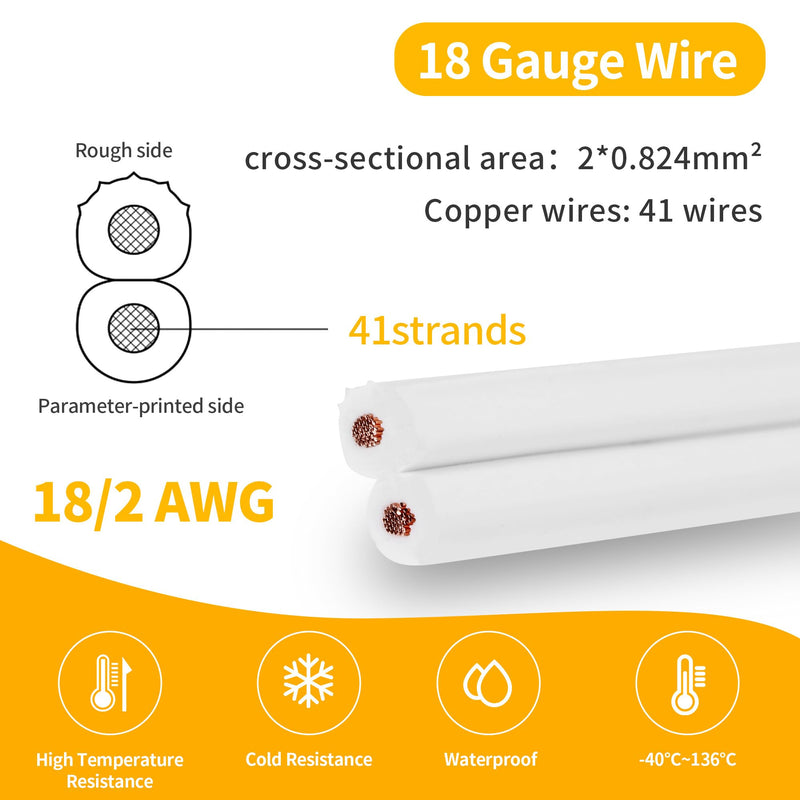 SPT-1 50FT 18/2 Electrical Wire, 18 Gauge 2 Conductors Lighting Copper Wire, Hookup LED Lighting Strips Flexible Wire Extension Cord, White