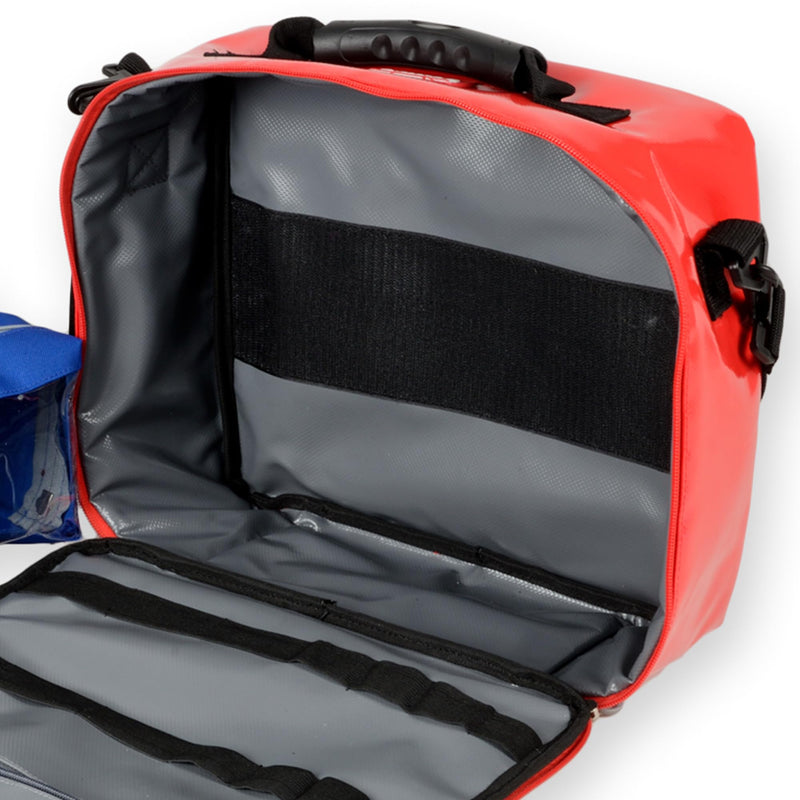 GIMA - CUBO emergency bag, for rescuers, empty, made of polyester PVC coated, color red, dimensions 28x34x13 cm, with shoulder strap, inner and outer pocket with zipper and 2 removable pockets