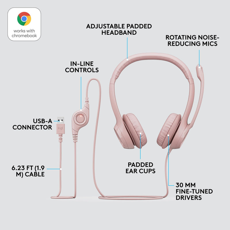 Logitech H390 Wired Headset for PC/Laptop, Stereo Headphones with Noise Cancelling Microphone, USB-A, in-Line Controls for Video Meetings, Music, Gaming and Beyond - Rose 1 Pack