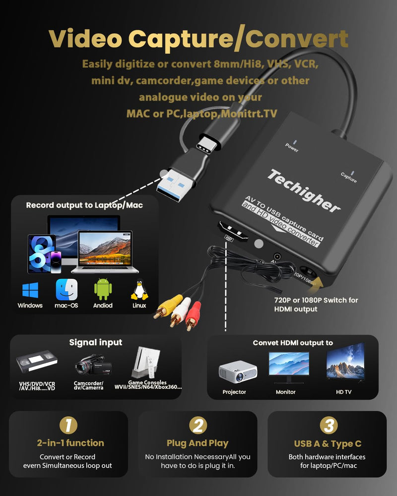 VHS to Digital Converter & RCA to HDMI Adapter USB Video Capture Card for VCR/DVD/AV/PS2/Wii,av to hdmi Converter Analog to Digital & HD Display Output, wii hdmi Adapter,Save/Convert OldVideo VHS CAP/Converter