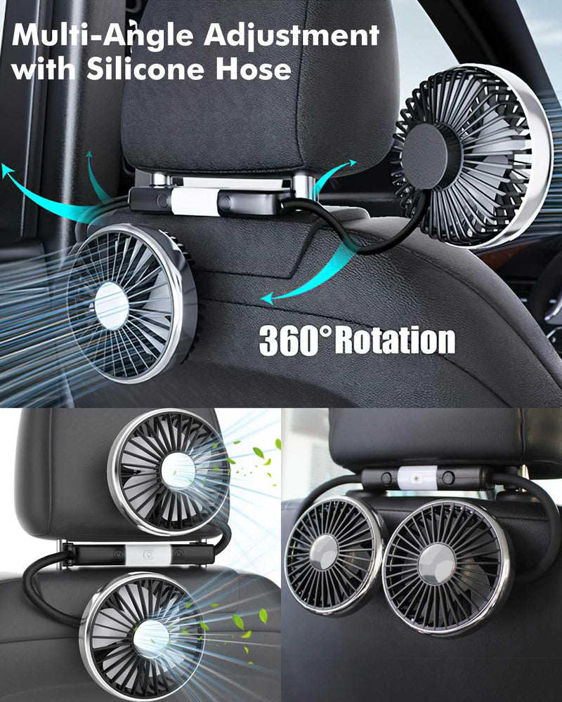 Hose Car Fan for Backseat Kids with Led Lights, USB Fan for Backseat of Car, Independent Control 3 Speeds 360°Rotatable Car Seat Fan for Baby Rear Facing, Back Seat Fan for Vehicles RV SUV Black and White
