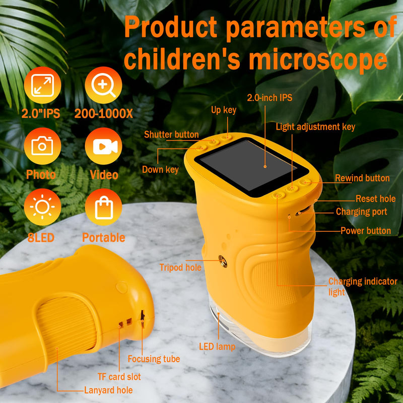 LURICO Digital Microscope for Children, 1000X Portable Pocket Microscope with 4K 2.0 Inch Screen, Children's Mobile Phone Microscope Magnifying Glass, Supports Photo and Video Functions, Mini Microscope for Adults / Children | 4K 2.0" Screen Children...