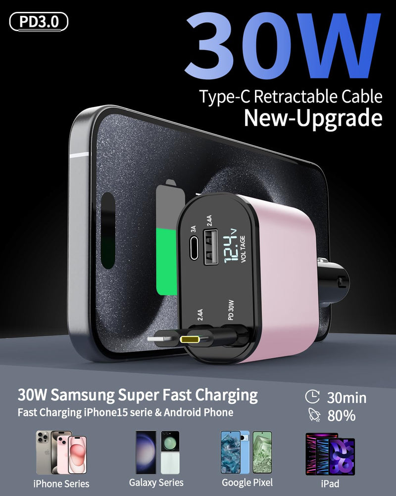 Retractable Car Charger, 4 in 1 Fast Car Phone Charger 66W, 2 Retractable Cables and USB Car Charger, USB C Car Charger for iPhone 15/14/13/12/11, Galaxy, Pixel Type C+Lightning (Pink)