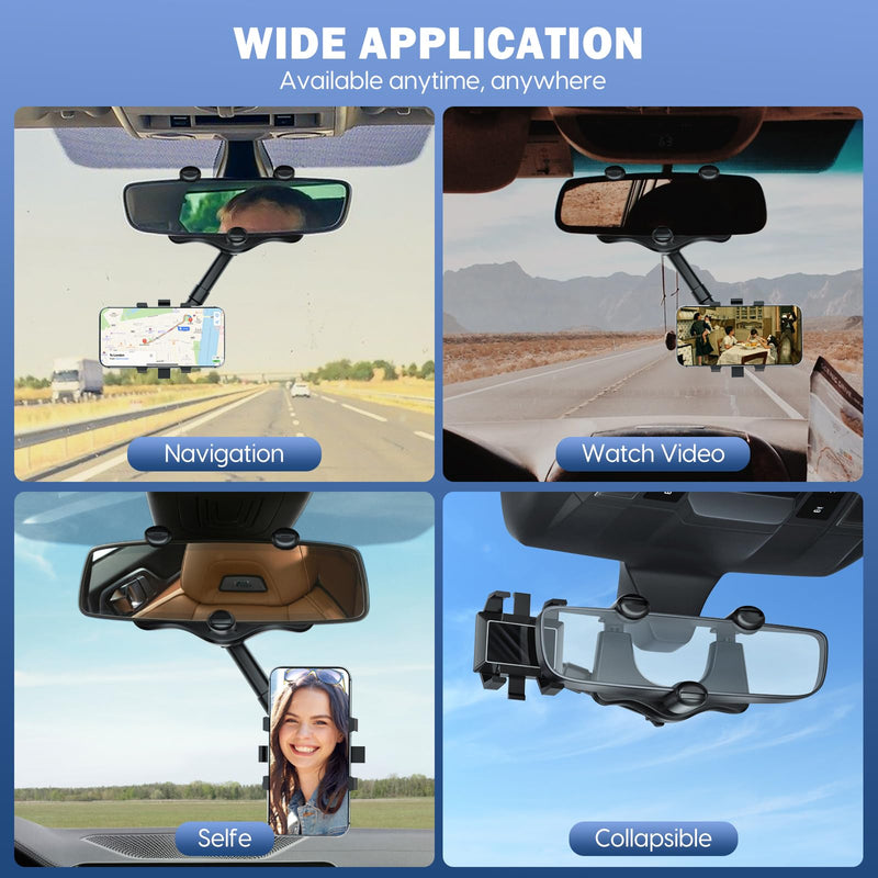 Rearview Mirror Phone Holder For Car, 2024 New Upgraded 360°Rotatable And Retractable Multifunctional Rear View Mirror Phone Holder, Universal Mount, Car Phone Holder Fit For All Phone and Car, blue black