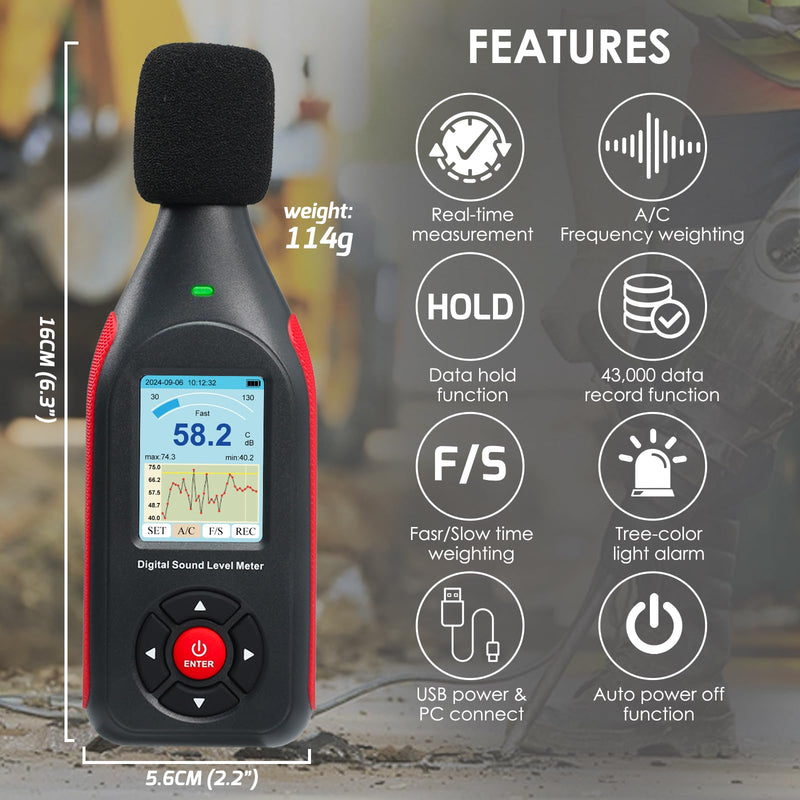 Decibel Meter, Data Logger, Digital Sound Decibel Meter, Sound Level Meter with 43,000 Records and Export, Rechargeable Noise Meter with A/C Frequency and DC Output with Alarm