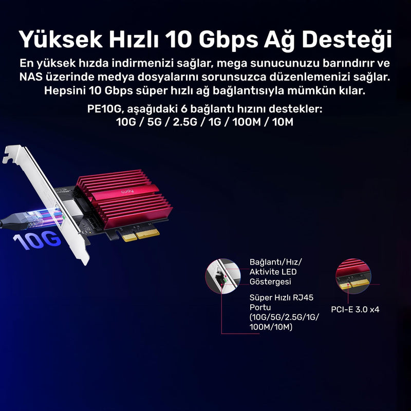 Cudy 10GB PCIe Network Card, 10G Base-T PCIe Adapter, Flow Control, PCIe to 10 Gigabit Ethernet Adapter, Supports Windows 11/10, WindowsServer 2022 and Linux, Including Network Cable