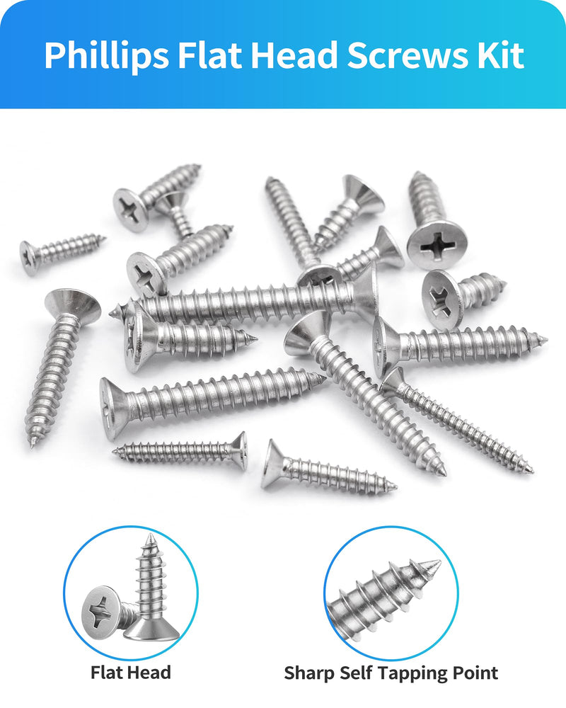 500Pcs 304 Stainless Steel Wood Screws Assortment Kit,#4#6#8#10#12 Assorted Screws,Phillips Drive Flat Head Sheet Metal Screw Self Tapping Screws Set, Length 3/8" to 2" (Silver-Flat Head 500PCS) Silver-Flat Head 500PCS