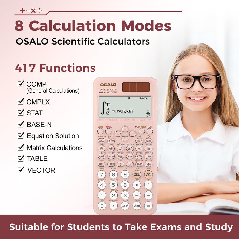 OSALO Scientific Calculator 401 Function 417 Function 2 Line Written Display 10+2 Digits Solar and Battery Calculators Pink