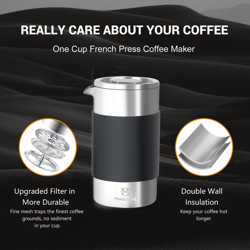French Press Coffee Maker Set, Portable French Press with Mini Coffee Canister and Collection Bag, Single Serve 1 Cup Small Stainless Steel Double Walled Coffee Press 350ml/12oz 12oz+1.4oz