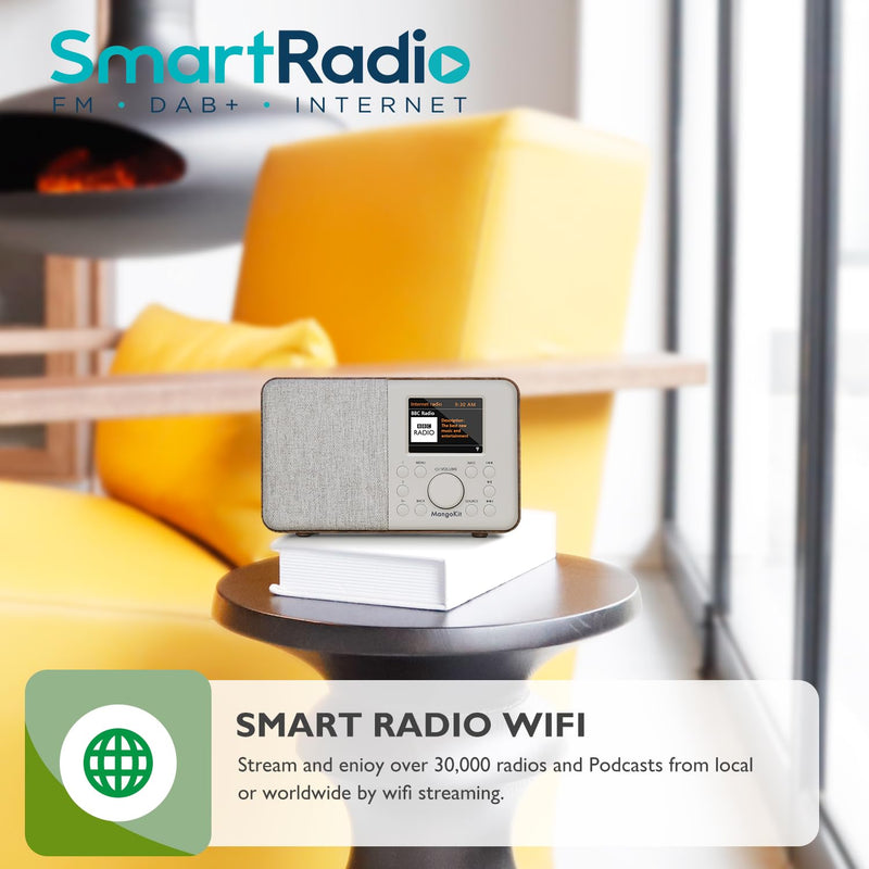 SR10 Internet Radio,WiFi Radio,Podcast Player, Bluetooth Speaker, Smart Radio, Portable FM Radio, Mains and Battery Powered Radio, Color Display,Dual Alarms, Presets,App Control-Walnut Walnut Mono