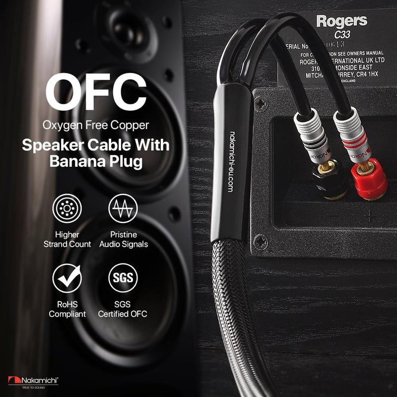 Nakamichi Excel Series 24k Gold Plated Banana Plug with (6 Feet) 12AWG Speaker Cable Wire 99.9% Oxygen-Free Copper (OFC) Heavy Duty Braided for Amplifier Hi-Fi Home Theatre - Black (6ft/1.8m) 6-Feet (1.8m) Black (12 AWG)
