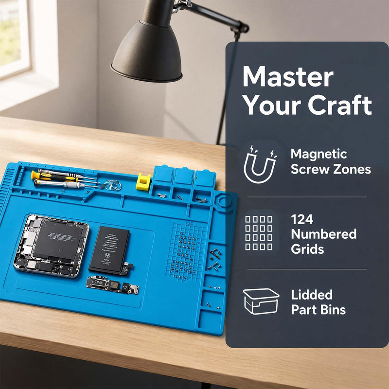 Silicone soldering mat 45 x 30 cm for electronics repair and soldering | 500°C heat-resistant antistatic silicone soldering mat with magnet & compartments for mobile phone, laptop, tablet repair, DIY model making