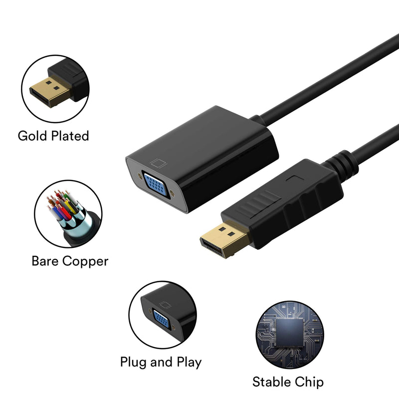 DP to VGA Adapter, Gold-Plated DisplayPort to VGA Converter Male to Female 1080P(Black)