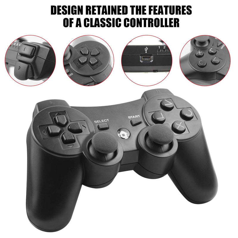 Diswoe Controllers for PS-3, Wireless PS-3 Controller 2 Pack, Bluetooth Gamepad Joystick, Double Vibrating Controller for Play_station 3 with 2 USB Charging Cables Thump Grips, Black Black+Black