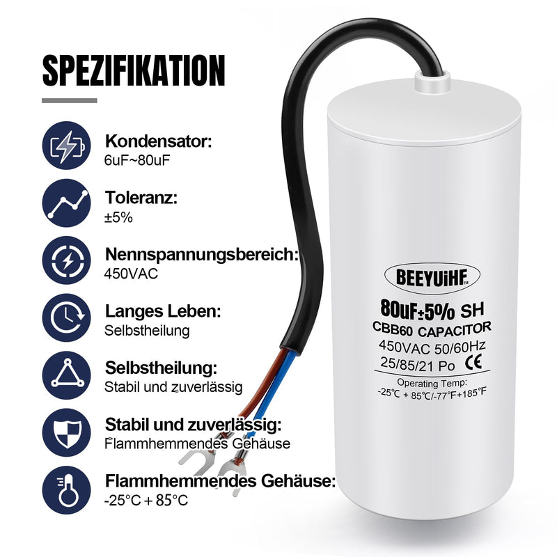 BEEYUIHF CBB60 motor capacitor 80µF 450V capacitor 50/60Hz starting capacitor 80uF motor running capacitor with connection cable for electric motor 50 x 110 mm 80µF / 80uF