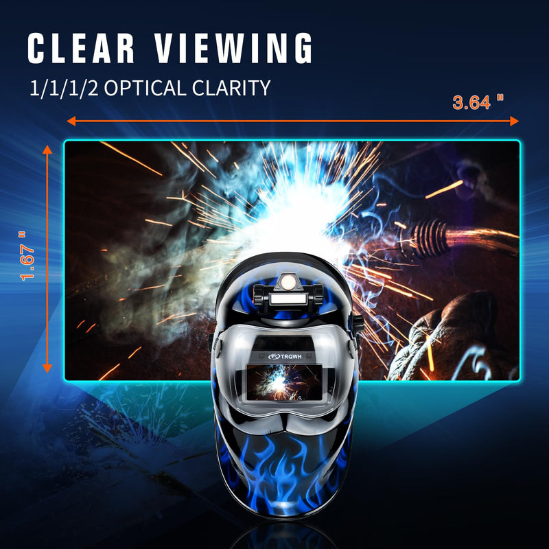 TRQWH Auto Darkening Welding Helmet with Light True Color Welding Hood | Extra Grind Mode, Solar Powered Welding Mask, 1/1/1/2 Optical Clarity, 1/25000s Fast Switching, for Stick MIG TIG Cut Blue