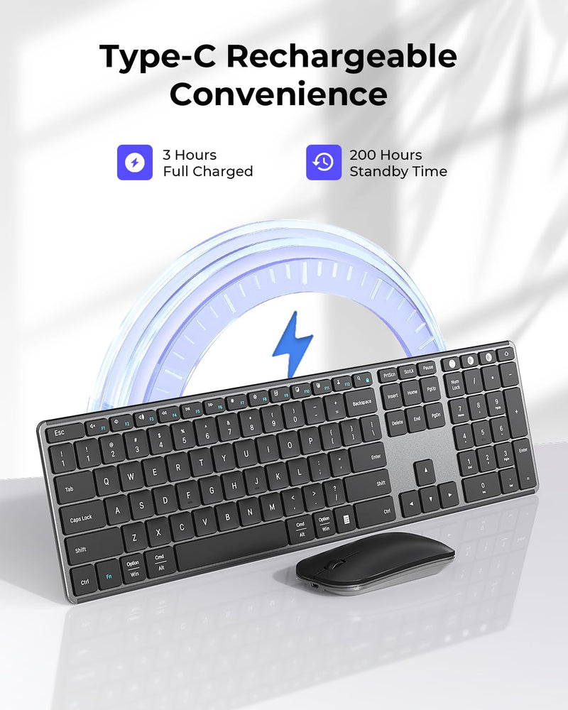 Wireless Bluetooth Keyboard and Mouse Combo (USB + Dual BT), seenda Multi-Device Rechargeable Slim Keyboard and Mouse, Compatible for Win 7/8/10, MacBook Pro/Air, iPad, Tablet - Black Gray