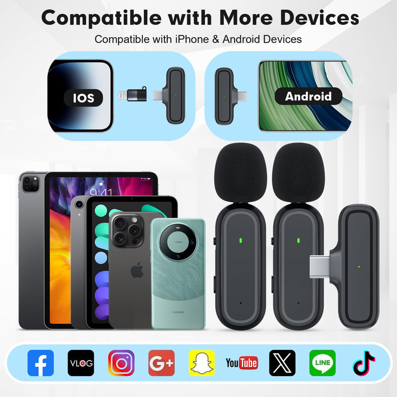 2-Pack Wireless Lavalier Microphone for iPhone Vlogging Included Charging Case & Jack Adapter, Noise Reduction Plug-Play Clip on Lapel Mic for Vlogging,Youtuber,Video Recording,Live Streaming Oval Case Dark Black
