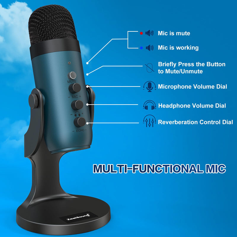 ZealSound USB Microphone,Quick Mute Noise Cancel for Phone Computer PC PS5,Gaming Microphone with Gain Control,Echo Monitor Volume Adjust for Streaming Vocal Recording ASMR Podcast Video (Teal) Teal