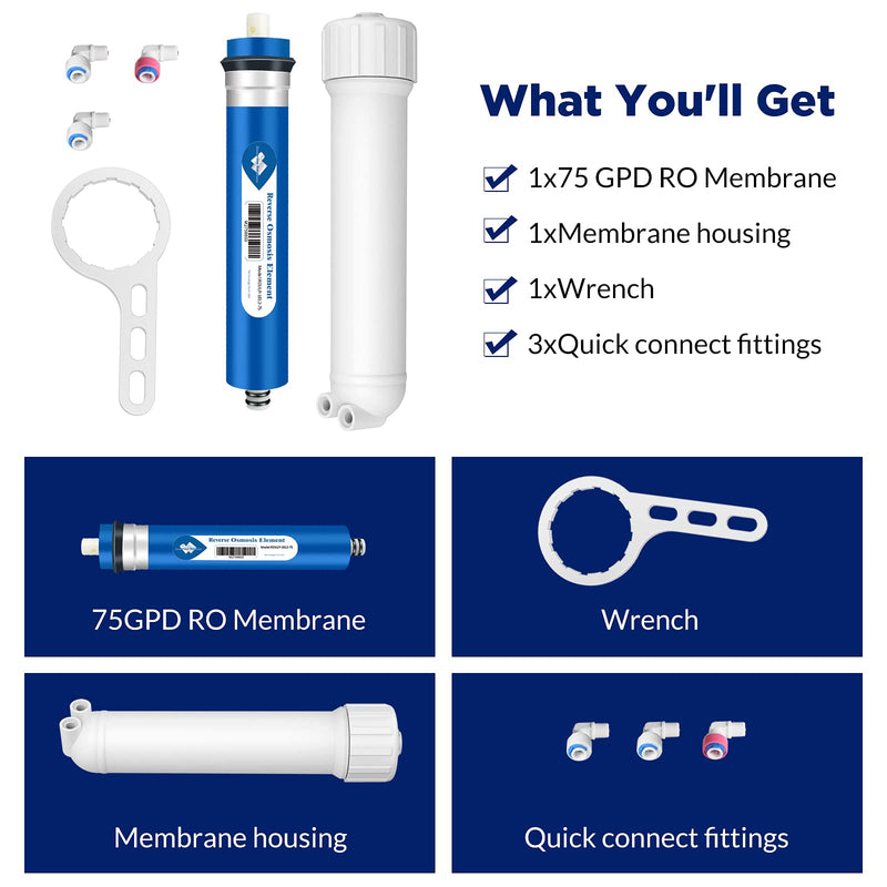 Membrane Solutions 75 GPD RO Membrane, Reverse Osmosis Membrane with Membrane Housing, Wrench, 1/4" Quick-Connect Fittings, Check Valve, Replacement for Under Sink Home Drinking RO Water Filter System 75 GPD Kit 1 Count (Pack of 1)