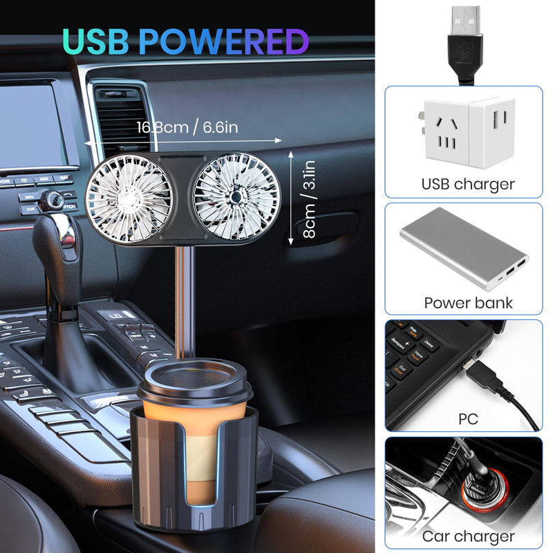 Car Fan, Car Fan Cup Holder with Colorful Lights, USB Portable Vehicle Cooling Air Fan for Car SUV, RV, Truck, 3 Speed, 360 Degree Rotatable, 6.6" USB Powered Electric Car Fans (Dual Head) Dual Head