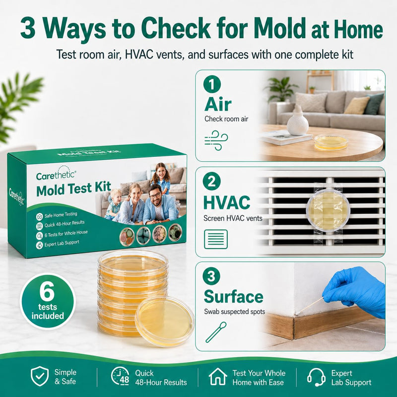 Carethetic Mold Test Kit for Home, 6 DIY Agar Plates for Air, HVAC and Surface Testing, Indoor Mold Testing Kit with Swabs, Gloves, Bags and User Manual