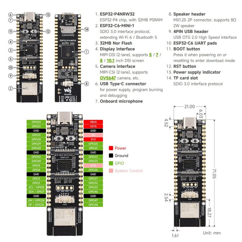 Waveshare ESP32-P4-WIFI6 High-Performance Development Board, Based On ESP32-P4 and ESP32-C6, Supports Wi-Fi 6 and Bluetooth 5/BLE, Board Only