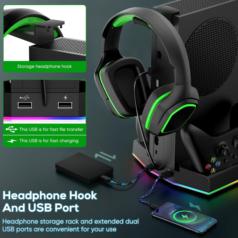 MENEEA Upgraded Cooling Fan Stand for Xbox Series S with Charger Station, Controller Charging Dock & Console Cooler System with 15 Colorful RGB Light & Headset Hook, Accessories for Xbox Series S Black