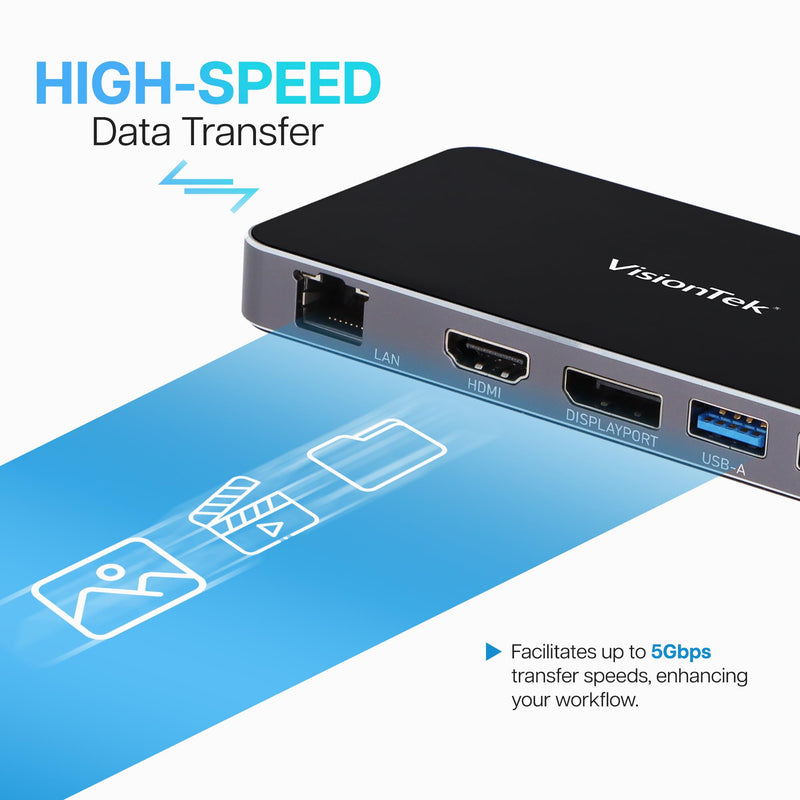 VisionTek VT350 Portable USB-C Dual Monitor Hub - 1x DP, 1x HDMI, 2X USB-A, 1x Ethernet, 1x USB-C for Windows/MacOS/ChromeOS/iOS