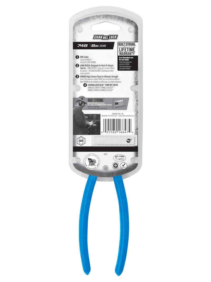 Channellock 748 8-Inch Long Reach End Cutting Pliers | Nipper End Cutter with Extra Long Flat Nose | Designed for Hard to Reach Places | Forged from High Carbon Steel | Made in the USA , Blue 8-Inch End Cut