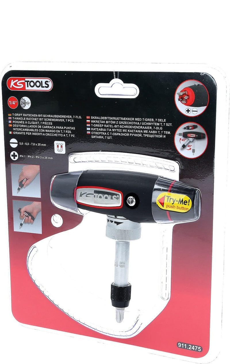KS Tools T-Handle Ratchet Bit Screwdriver, 1/4" Drive, Swiveling Design, 24 Teeth, 140mm, Ergonomic Handle