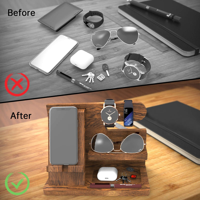 Birthday Gifts for Men Wooden Phone Docking Station Organizer Dad Birthday Nightstand Organizer Desk Wood Gifts Valentines Day Gifts brown