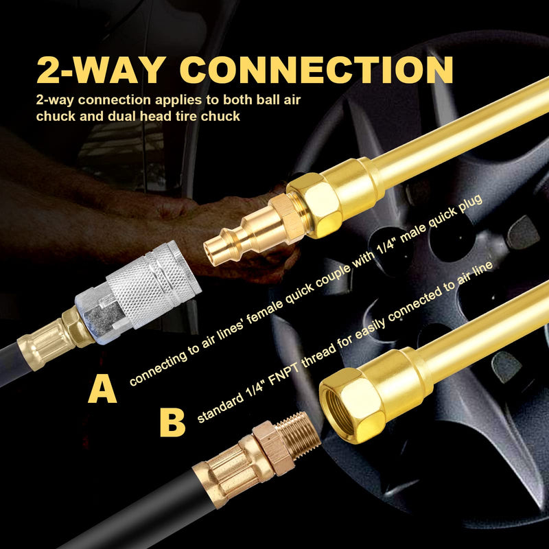 2 Pack Heavy Duty Air Chuck Set-1/4 Inch Female NPT Closed Ball tire Chuck, Dual Head Air Chuck and Standard Male Quick Plug, Tire Air Fill Kit for Tire Inflator Gauge and Air Compressor