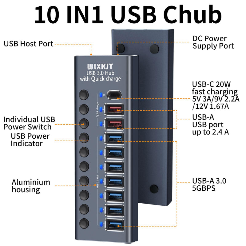 Boost Your Device Performance With Our Aluminum USB 3.0 Hub! 10-Port Splitter for Seamless Connectivity - 7 High-Speed Data Transfer, 2 Intelligent Charging, 1 PD Charging hub-9port+1pd
