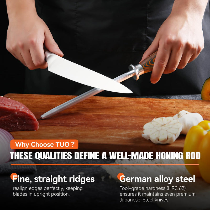 TUO Honing Steel, Sharpener Rod with Thicker Steel Core for Kitchen Knives Daily Sharpening Maintenance, High Carbon Steel, Ergonomic Handle, 8 inch 8"