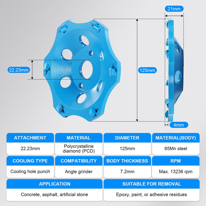 PCD PCD Diamond Cup Wheel 125 mm, 6 Segments Diamond Cup Wheel for Angle Grinder, for Concrete Mortar, Tile Adhesive, Color Coatings, Granite Stone Concrete