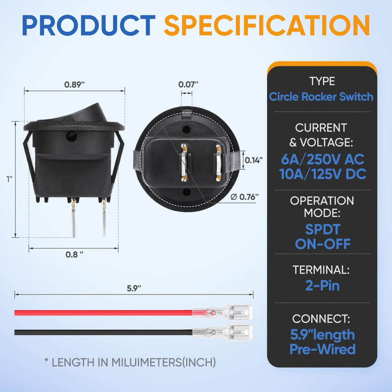 12 Volt Round Rocker Switch,On Off Rocker DC Switch,Round Toggle Switch,2 Pin SPST Switch Button 6A/250V 10A/125V AC Small Electric Switch with Wires for Car Stereo Marine Boat（ON-Off,5Pcs ON-OFF 5