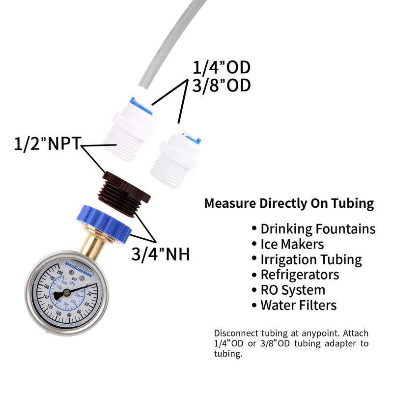 MEASUREMAN 2-1/2" Water Pressure Gauge Kit 6 Parts Kit, Lead-Free Brass, 2-1/2" dial, 0-200 Psi，Glycerin Filled,3/4" Hose Thread, Plus 5 Adapters Integral Stainless Steel Case(7in1)