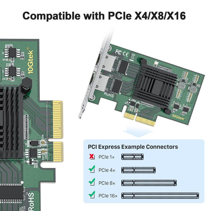 10Gtek 1G 1000Mbps Gigabit Ethernet Converged Network Adapter (NIC) with Intel I350AM2 Controller, Ethernet PCI Express Network Card, Dual Copper RJ45 Ports, PCIE 2.0 X4, Compare to Intel I350-T2 2-RJ45 X1