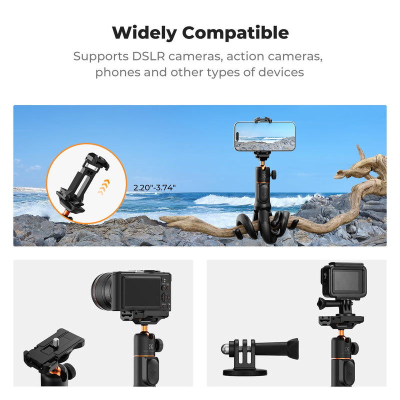 K&F CONCEPT Extendable Phone Tripod, Flexible Tripod with Remote, 3 in 1 Selfie Stick with Action Camera Adapter Flexible Legs Compatible with iPhone Samsung Canon Nikon Sony Cameras Action Camera.