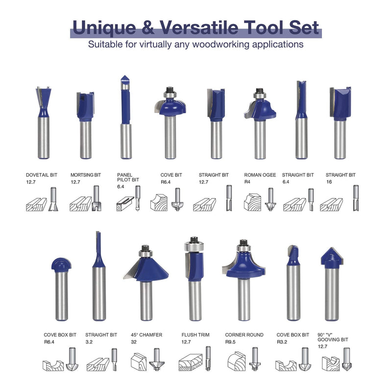 WORKPRO 15 pcs. Milling cutter set, shaft 8mm, router accessories for wood with storage case