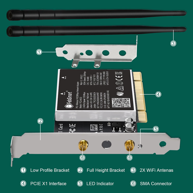 Wireless N Dual Band 600Mbps (2.4GHz 300Mbps or 5GHz 300Mbps) PCI WiFi Adapter for Windows 11, 10, 8.x, 7, XP (32/64bit) and Windows Server Desktop PCs, PCI Interface WiFi Card (PCI-N600)