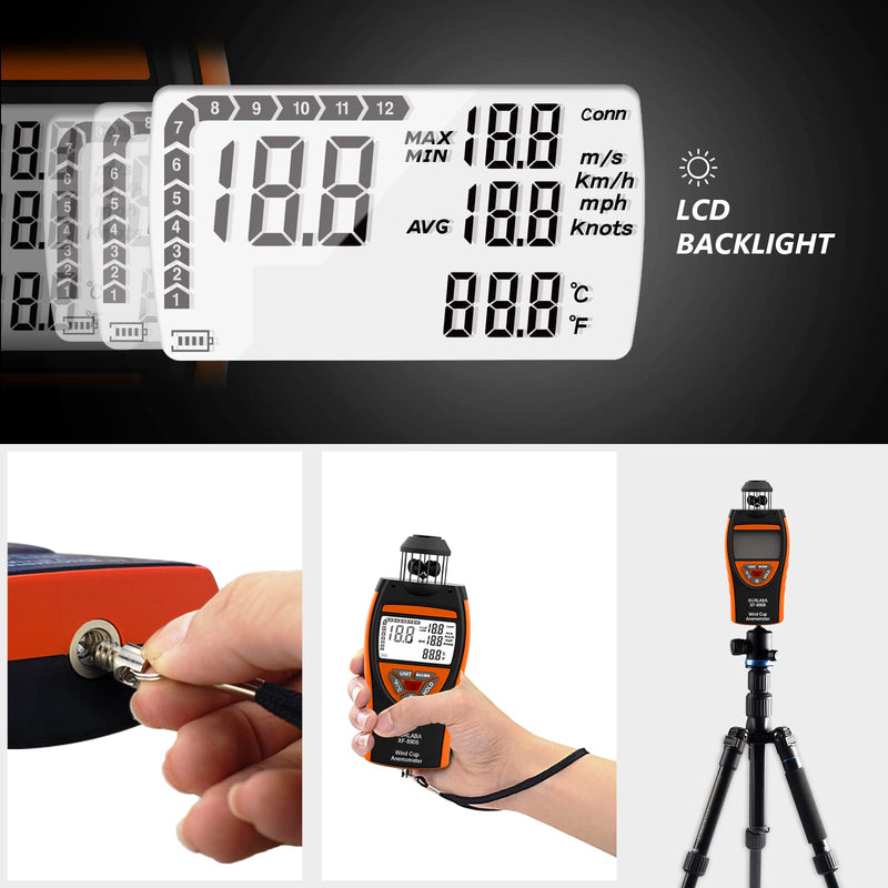 Digital Cup Wind Meter, Handheld Anemometer ±4% High Accuracy Wind Gauge Measures MAX/MIN/AVG Wind Speed & Temperature (℃/℉), Wind Meter with Compass for Shooting, Sailing, Surfing, Drone XF-8806