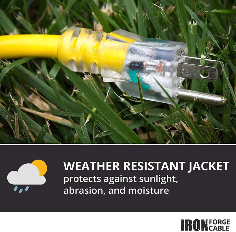 IRON FORGE CABLE 3 Foot Lighted Outdoor GFCI Extension Cord - 12/3 SJTW Heavy Duty Yellow Pigtail Extension Cable with 3 Prong Grounded Plug for Safety, 15 AMP 1 Outlet-Inline