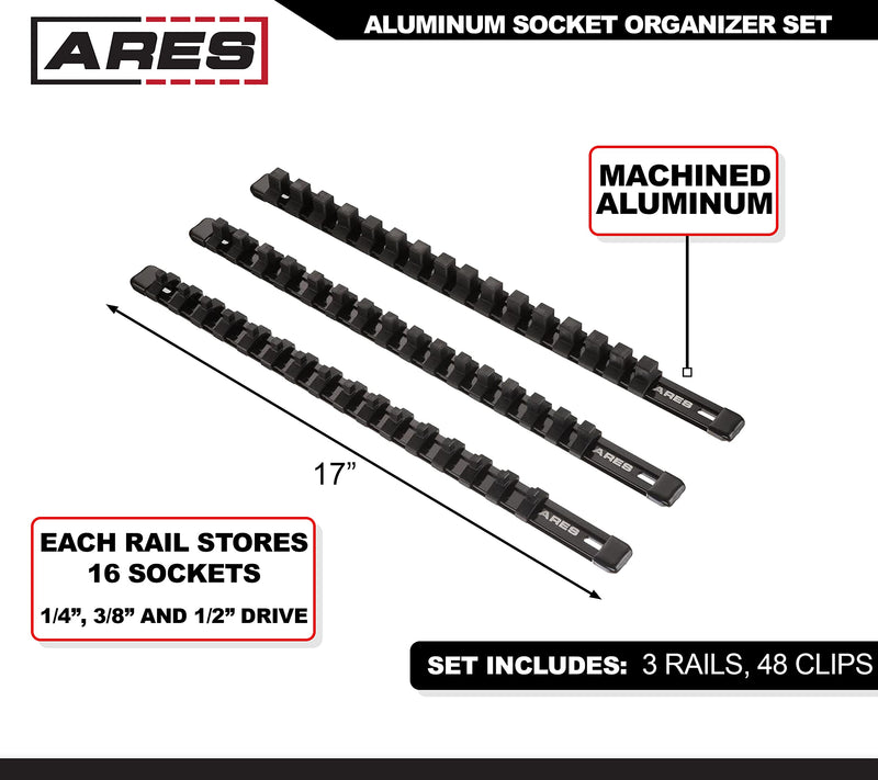 ARES 70087-3-Piece Aluminum Socket Organizer - 1/4-Inch, 3/8-Inch, and 1/2-Inch Drive Rails Hold 48 Sockets and Keep Your Tool Box Organized Multi-Drive Black