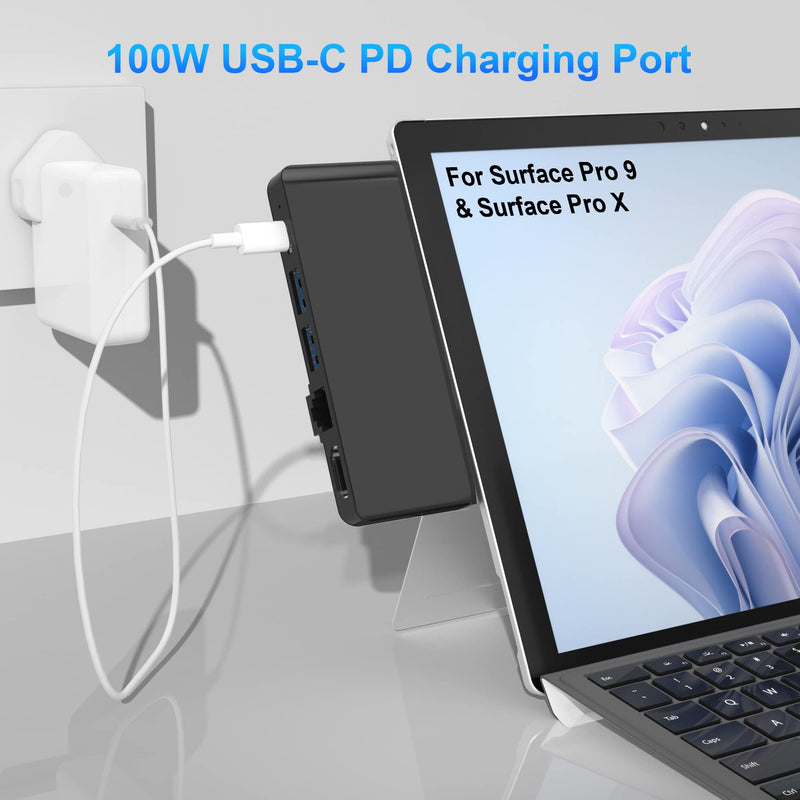 Surface Pro 9 Docking Station,Surface Pro 9 10 11 Hub Adapter with 100 Mbps LAN, 4K HDMI,100W USB-C (Display+Data+PD Charging),USB 3.0,3.5mm Audio,SD/TF Card Reader for Microsoft Surface Pro 11/10/9 Surface Pro 10/9/X Hub with 100 Mbps LAN(Black)