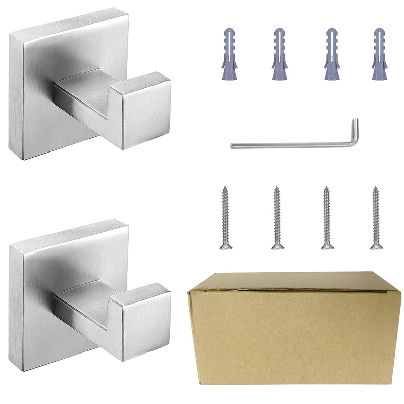 Nolimas Towel Hook Stainless Steel Bathroom Rustproof Clothes Towel Coat Hook Wall Mounted Square Toilet Kitchen, Heavy Duty Door Hanger, 2 Pack, Brushed Nickel