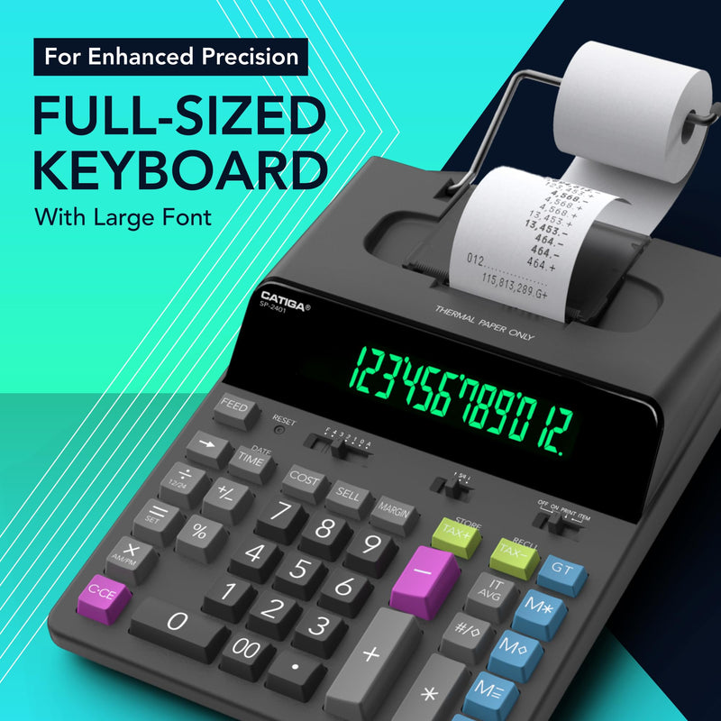 CATIGA 12 Digit Thermal Printing Calculator with Tape Print Out, Ink-Free Adding Machine, 5X Faster Quite at 8.0 LPS, Extra Large Fluorescent Display, Tax Calculation with Clock and Calendar, SP-2401 Black
